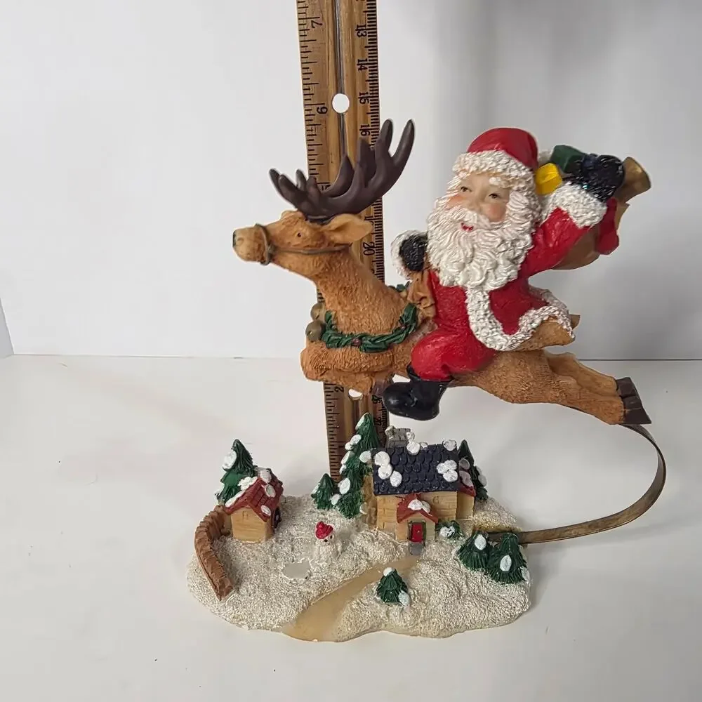 Santa Claus Riding Reindeer Kinetic Christmas Village Resin Figurine Decor